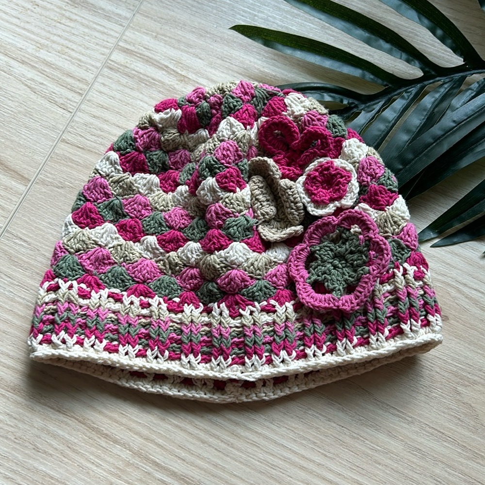Young colors handknit beanie Floral hat. Size medium girls